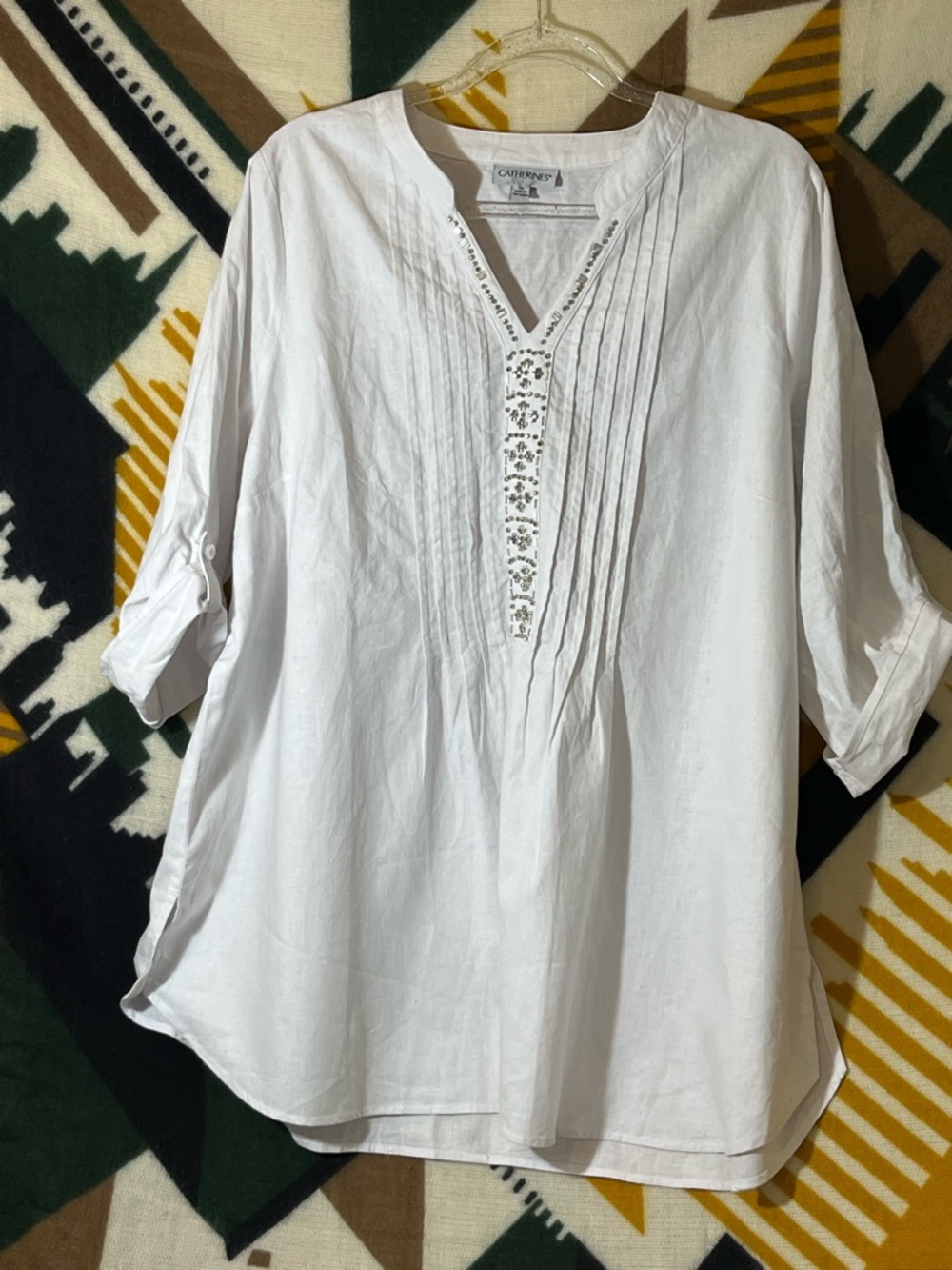 Catherines White Linen Cotton Blend Embellished Tunic Top Plus Size 1X Coastal